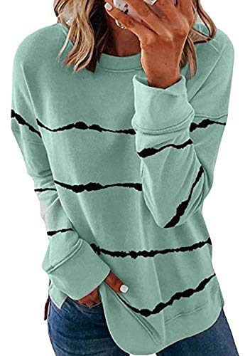 Yming Damen Langarm Sweatshirt Rundhals Sweatshirts Baggy Gestreift Bluse Hellgrün XXL von Yming