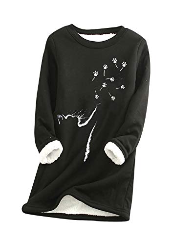 Yming Damen Langarm Sweatshirts Bedrucktes Pullover Nachahmung Lammhaar Tops O-Ausschnitt Pulli MZ-Schwarz 3XL von Yming
