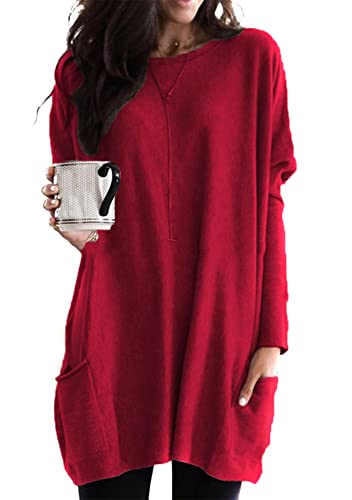 Yming Damen Langarm Sweatshirts Lässig Rundhals Winter Pullover Weinrot M von Yming