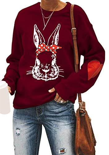 Yming Damen Langarm Sweatshirts Mit Häschenmuster O Ausschnitt Pullover Ostern Pullover Rotwein XL von Yming