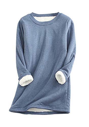 Yming Damen Langarm Sweatshirts Nachahmung Lammhaar Pullover Sweatshirts Rundhals Pullover Blau 3XL von Yming