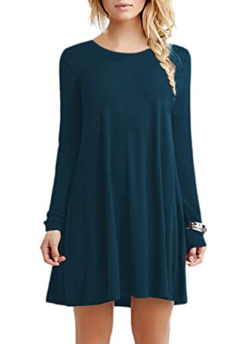 Yming Damen Rundhalsausschnitt Kleid Langarm Fest Farbe Swing Saum Kleid Lose Casual Tunika Tops T-Shirt Kleid Marineblau XXL von Yming