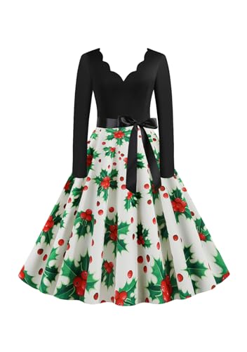Yming Damen Langarm Vintage Kleid Floral Retro Swing Prom Party Cocktailkleid mit Gürtel Blätter 3XL von Yming