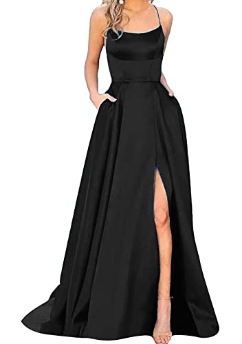 Yming Damen Langes Formales Satin Kleid Quadratischer Ausschnitt Ärmellos Seitenschlitz Fließende Maxikleider Schwarz XL von Yming
