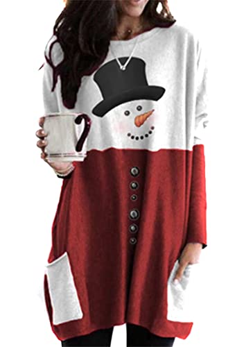 Yming Damen Leichtes Langarm Hemd Weihnachten Santa Print Kleid Oversized Rundhals Sweatshirt Schneemann Rot 3XL von Yming