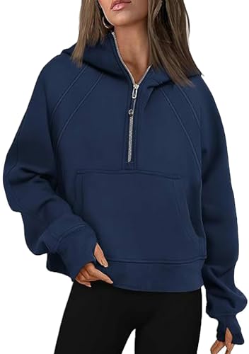 Yming Damen Loose Fit Half Zipper Pullover Casual Einfarbige Sweatshirts Stand Kragen Pullover Tops Marineblau XL von Yming