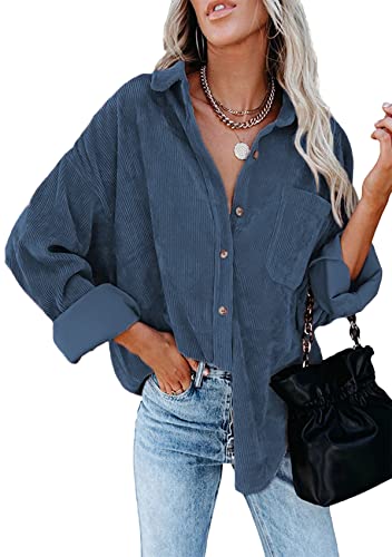 Yming Übergroße Vintage-Cord-Hemden für Frauen Cord-Cardigans Leichte Jacken Blau XL von Yming