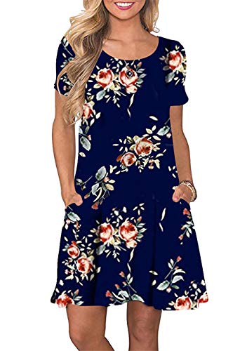 Yming Damen Lose Kleid Kurzarm Taschen Kleid Mini Kleid Mit bedrucktem Rundhalsausschnitt Elegantes Kleid Mehrfarbig Blau Teerose XL von Yming