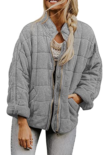Yming Damen Lose Solid Color Reißverschluss Baumwolle-gepolstert mit Taschen Halb High Kragen Baumwolle-gepolsterte Winter Steppjacke Grau M von Yming