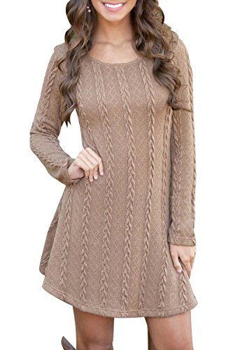 Yming Damen Lose Strickkleid Langarm Kleid Herbst Pullover Kleid Mini Hemdkleid Khaki XL von Yming