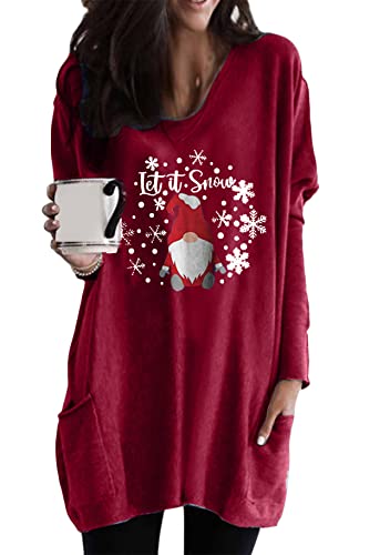 Yming Damen Lose Sweatshirt Langarm Bedruckte Sweatshirt Rundhals Pullover Weihnachtsmann Bordeaux L von Yming