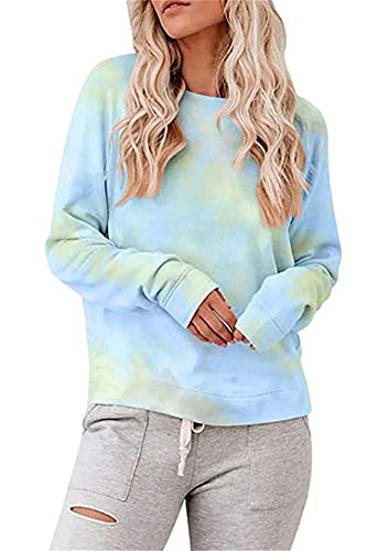 Yming Damen Lose Sweatshirt Langarm Bluse Tie-Dye Shirts Freizeit Oberteil Blau Grün XXL von Yming