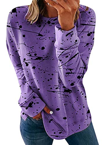 Yming Damen Lose Sweatshirt Splash-Tintendruck Shirts Rundhals Oberteil Freizeit Violett L von Yming