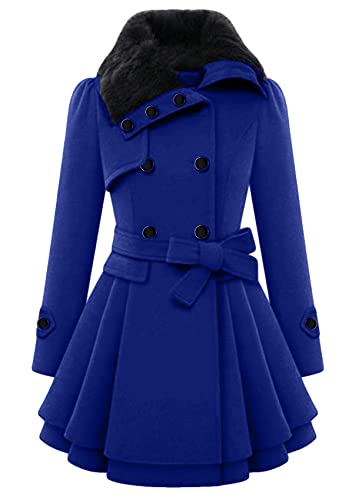 Yming Damen Pelzkragen Mantel Winter Langarm Outwear Zweireiher Gürteljacke Wollmantel Übermantel Elegant Freizeitmantel Königsblau L von Yming