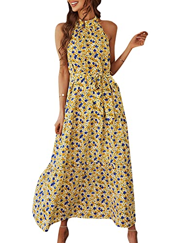 Yming Damen Maxi Strandkleid Neckholder Urlaubkleid Ärmelloses Blumendruck Kleid Gelb S von Yming