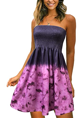 Yming Damen Midi Strand Trägerlos Tie Dye Kleid Gewickelt Brust Kleider Bohemian Blumen Kleid Sommer Blumen Kleid Tie Dye Lila L von Yming