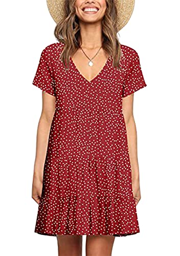 Yming Damen Mini Sommerkleid Casual A-Line Urlaubkleid V-Ausschnitt Freizeitkleid mit Taschen Punkt Rot XXL von Yming