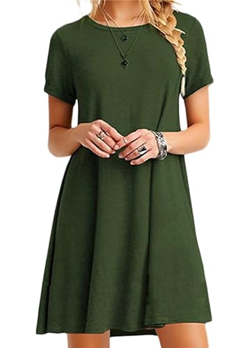 Yming Frauen Kurzarm T-Shirt mit Rundhalsausschnitt Minikleid locker sitzendes Swingkleid Army Grün 2XS von Yming