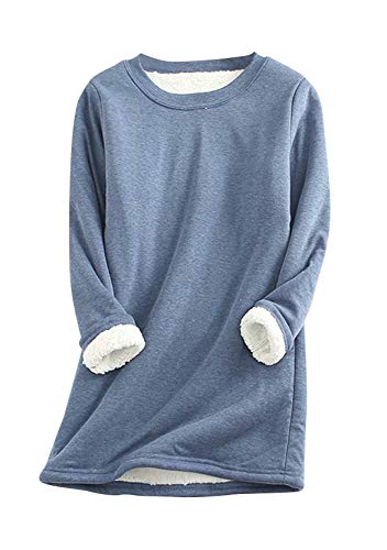 Yming Damen Nachahmung Lammhaar Pullover Langarm Pullover Einfarbig Rundhals Sweatshirts Blau S von Yming