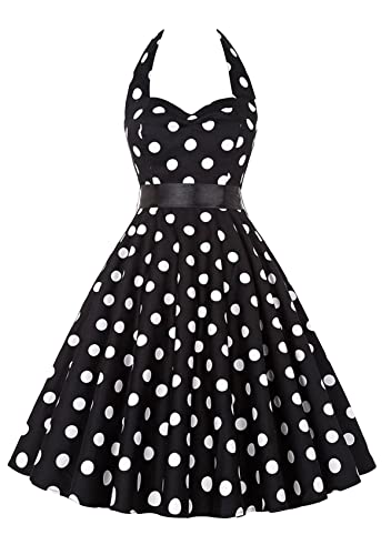 Yming Damen Neckholder Vintage Kleid Polka Dot Rockabilly Kleid Audrey Hepburn Blumendruck Kleid Ärmelloses Ärmellos Schwarz XS von Yming