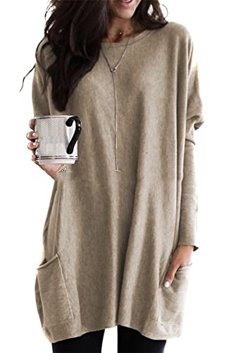 Yming Damen O Ausschnitt Casual Pullover Langarm Pullover Übergröße Sweatshirts Reines Khaki XXL von Yming