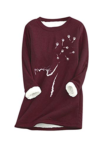 Yming Damen O-Ausschnitt Pullover Katzenpfote Sweatshirts Langarm Pullover Bedrucktes Oberteil MZ-Bordeaux M von Yming