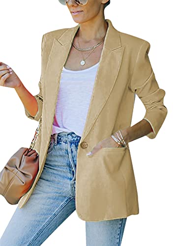 Yming Damen OL Büro Anzug Cardigan Lange Vorne Offen Blazer Büro Anzug Mit Taschen EIN Knopf Freizeitanzug Khaki L von Yming