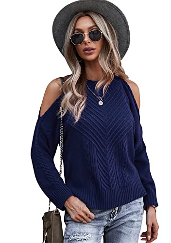 Yming Damen Offene Schulter Pullover Rundhalsausschnitt Übergröße Langarm Pullover Sexy Pullover Strickpullover Marineblau M von Yming