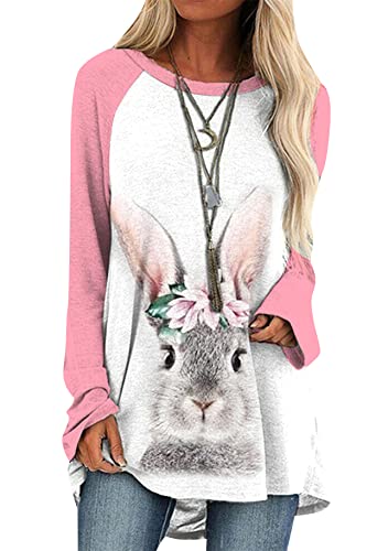 Yming Damen Ostern Langarm Sweatshirt Rundhalsausschnitt Lose Sweatshirt Hase Bedruckt Lässiger Pullover Sweatshirt Rosa M von Yming