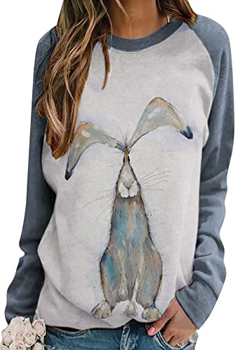 Yming Damen Ostern Pullover Lose Rundhals Sweatshirt Langarm Frizeit Oberteil Hase Dunkelgrau L von Yming
