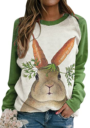 Yming Damen Ostern Rundhals Sweatshirt Raglanärmel Sweatshirts Niedlich Pullover Grün Karotte 3XL von Yming