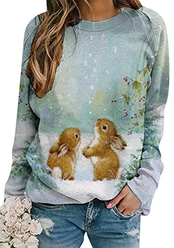 Yming Damen Ostern Rundhalsausschnitt Sweatshirt Lange Ärmel Casual Sweatshirt Plus Size Kaninchen Drucked Pullover Blau Grün S von Yming