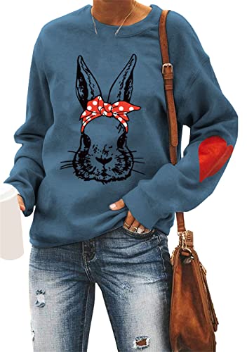 Yming Damen Ostern Sweatshirt O Ausschnitt Casual Bunny Muster Pullover Lose Langarm Sweatshirts Blau Schwarz L von Yming