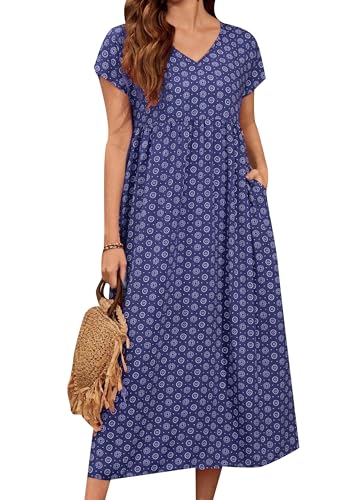 Yming Damen Outfits Plus Size Strandkleid Maxi Ruffle Floral Printed Dress Short Sleeve Long Flowy Dress königsblau XL von Yming