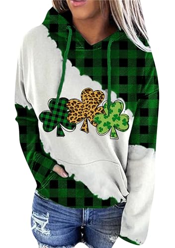 Yming Damen Langarm-Kapuzenpullover mit Kleeblattaufdruck St. Patrick's Day Pullover mit Tasche Leoparden Kleeblatt L von Yming