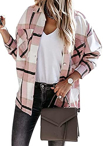 Yming Frauen Casual Vintage Plaid Shirts Langarm Mode Revers Button-Down Bluse Tops Lose Oversize Shacket Mantel Rosa M von Yming