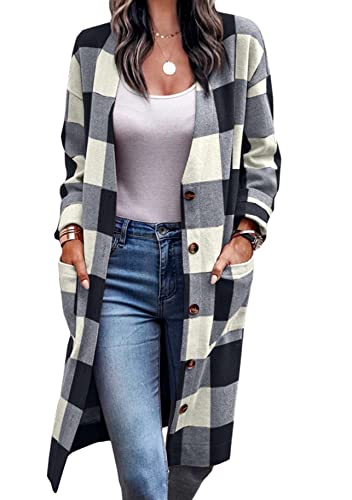 Yming Damen Plaid Einreiher Cardigan Jacke Casual Herbst Halboffener Kragen Outwear Schwarz L von Yming