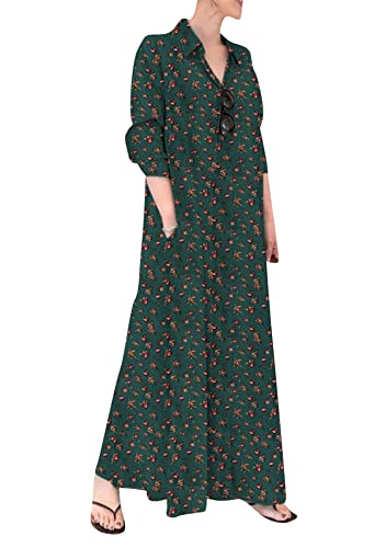 Yming Damen Plus Size Tunika Kleid Baumwolle Leinen Shirt Maxi Kleider Lose 3/4 Ärmel Vintage Kleid Rose Grün M von Yming