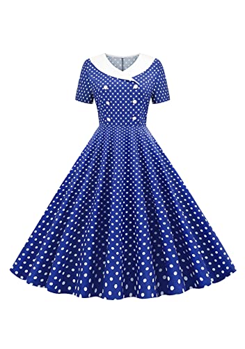 Yming Vintage Audrey Hepburn Kleid für Frauen Cocktail Swing Ballkleid 1950er Jahre Polka Dot Kleid mit Baumwolle Dunkelblau L von Yming