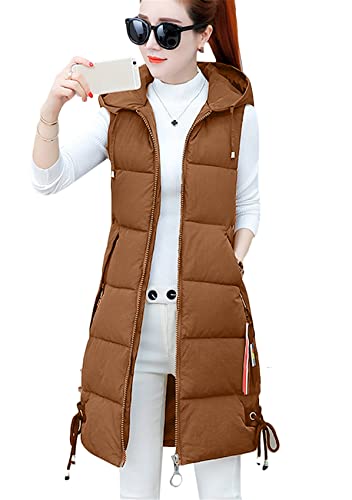 Yming Damen Reißverschluss Einfarbig ärmellose Jacke ärmellose Lange Weste Mit Taschen Gesteppte Freizeitmantel Kurkuma XS von Yming