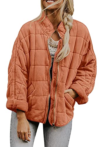 Yming Damen Reißverschluss Lose Einfarbige Baumwolle-wattierte Jacke Winter gesteppt Kurzer Stehkragen Mantel Prägung Top Brick Red XL von Yming