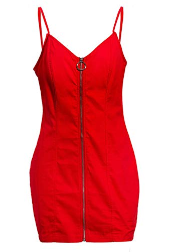 Yming Damen Reißverschluss Vorne Kleid Ärmellos Sommerkleid Club Kleid Urlaubkleid Rot M/DE 38-40 von Yming