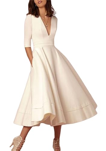 Yming Damen Retro Swing Kleid Cocktail Party Sexy Elegante A-Linie Halbarm mit Kleid Abendkleid Weiß M von Yming