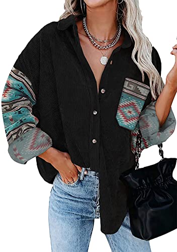 Yming Damen Revers Shirts Casual Cord Jacken Loose Fit Bluse mit Taschen Schwarz XXL von Yming