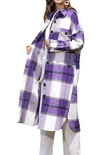 Yming Damen Revers Hemd Button Oversize Jacke Lange Plaid Seitenschlitz Mantel Tartan Shacket Casual Jacke Violett XL von Yming