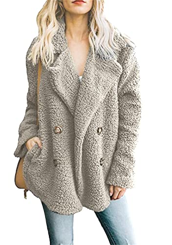 Yming Damen Revers Langarm Jackes Casual Teddy Fleece Plüsch Jacken Zweireiher Jacke Mit Taschen Hellgrau M von Yming