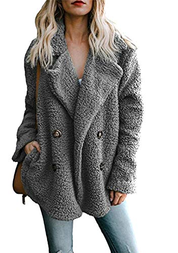 Yming Damen Revers Plüschmantel Warmer Wollmantel Kunstpelzmantel Langarm Mantel Dunkelgrau XL von Yming