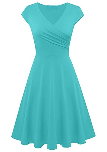 Yming Damen Rockabilly Abend V-Ausschnitt Partykleid Audrey Elegantes einfarbiges Kleid Midi Kleid Aquamarin S von Yming