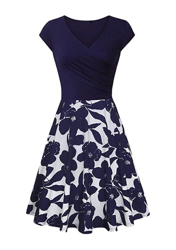 Yming Damen Rockabilly Swing Abend Swing Kleid Kurzarmkleid Elegant Romantisch Knie Langes Kleid Hellblau Blumen L von Yming