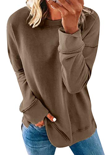 Yming Damen Rundausschnitt Oberteil Lose Einfarbig Pullover Langarm Shirts Khaki XS von Yming